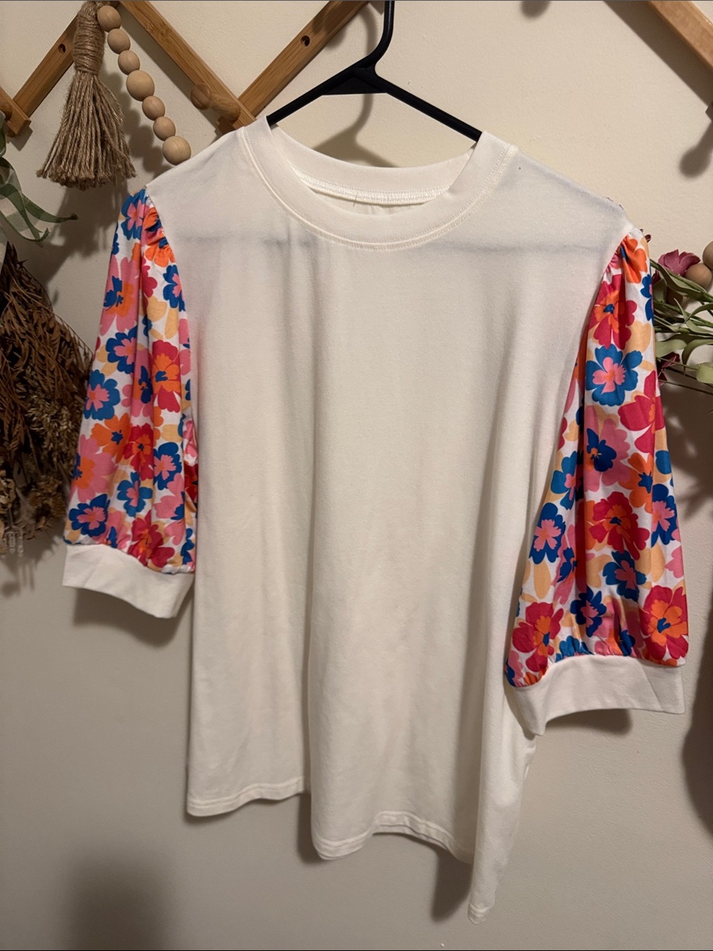 White Tee with Pink Orange Blue Floral Puff Sleeves